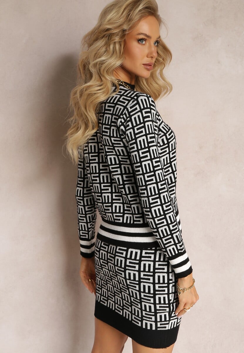 Czarno-Biały Dzianinowy Komplet 2-Częściowy Sweter z Półgolfem i Mini Spódnica z Gumką w Pasie Michellenes 3