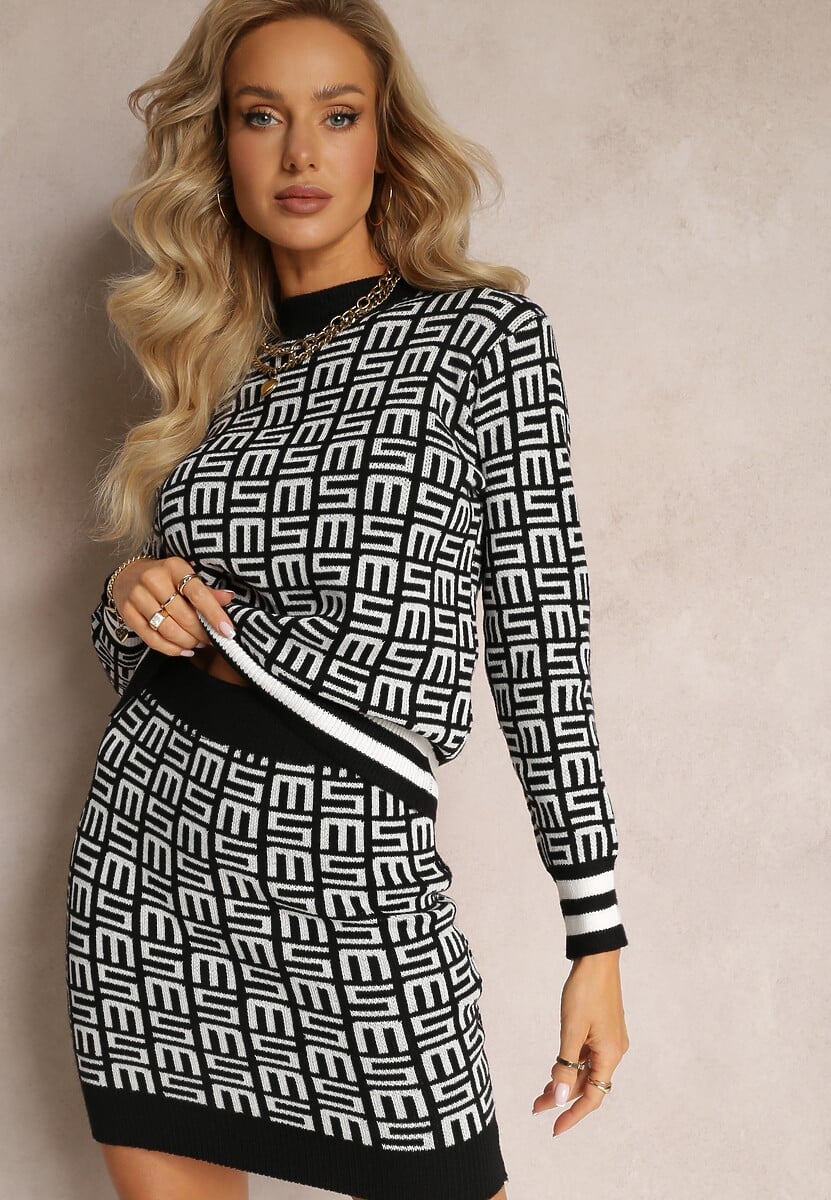 Czarno-Biały Dzianinowy Komplet 2-Częściowy Sweter z Półgolfem i Mini Spódnica z Gumką w Pasie Michellenes 1
