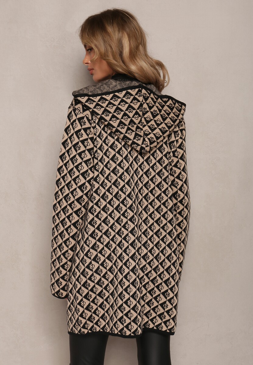Bej Închis Cardigan cu Fermoar și Buzunare cu Model Geometric Jaquelineme 3