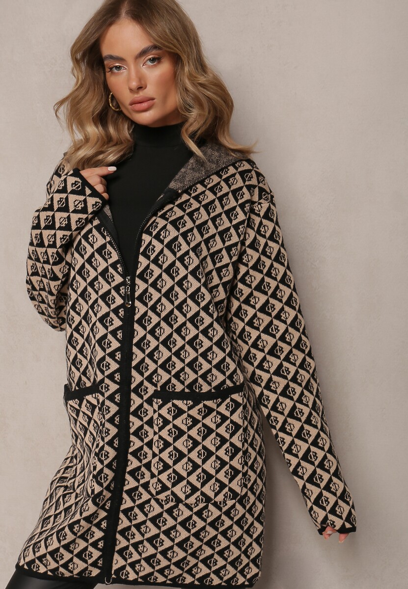 Bej Închis Cardigan cu Fermoar și Buzunare cu Model Geometric Jaquelineme 2
