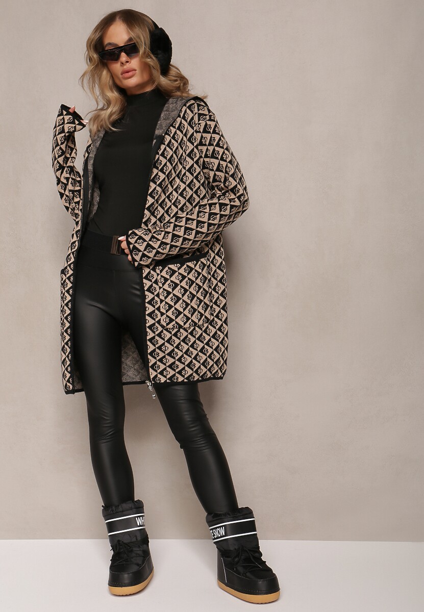 Bej Închis Cardigan cu Fermoar și Buzunare cu Model Geometric Jaquelineme 1