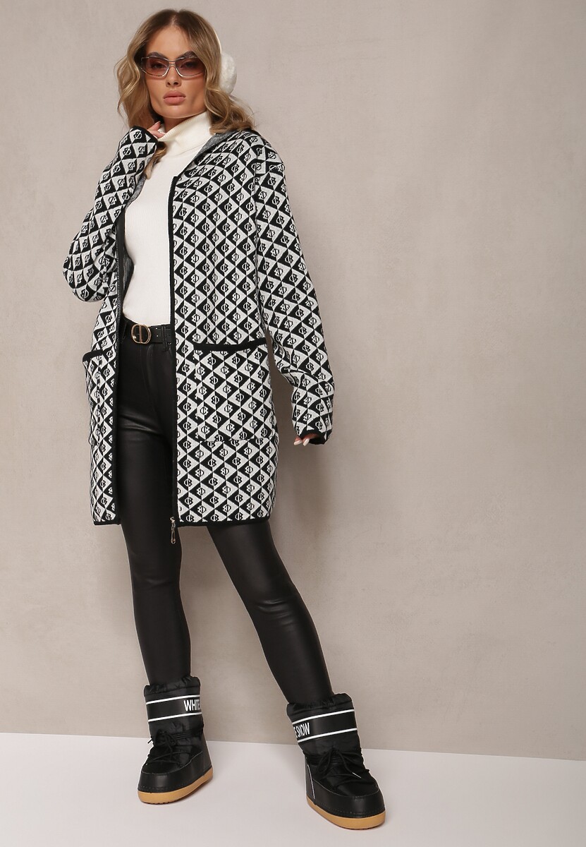 Cardigan Alb-Negru cu Fermoar și Buzunare cu Model Geometric Jaquelineme 1
