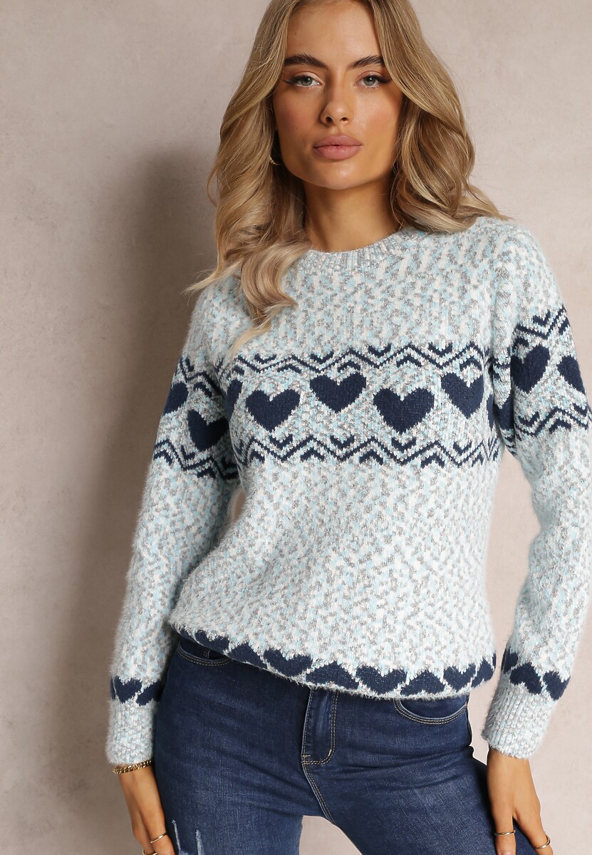 Niebieski Sweter Dzianinowy w Ozdobne Serca Vivianeme 2