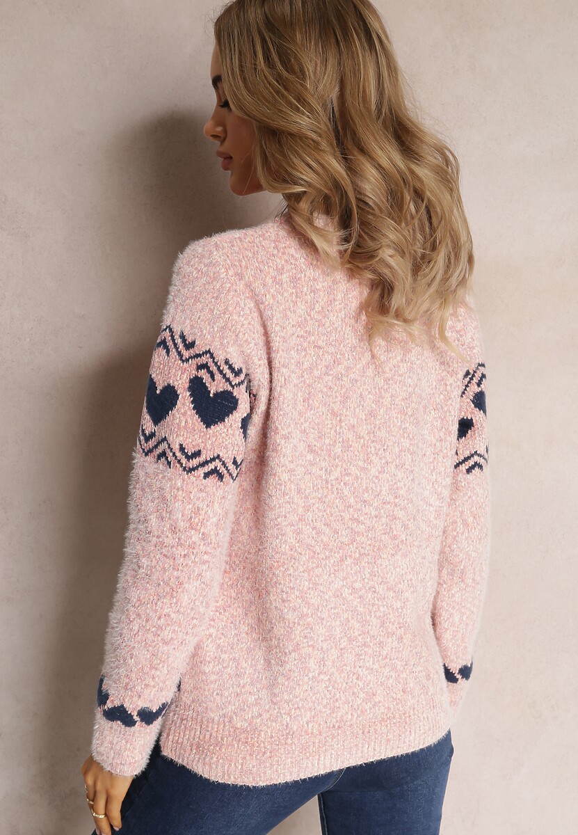 Różowy Sweter Dzianinowy w Ozdobne Serca Vivianeme 3