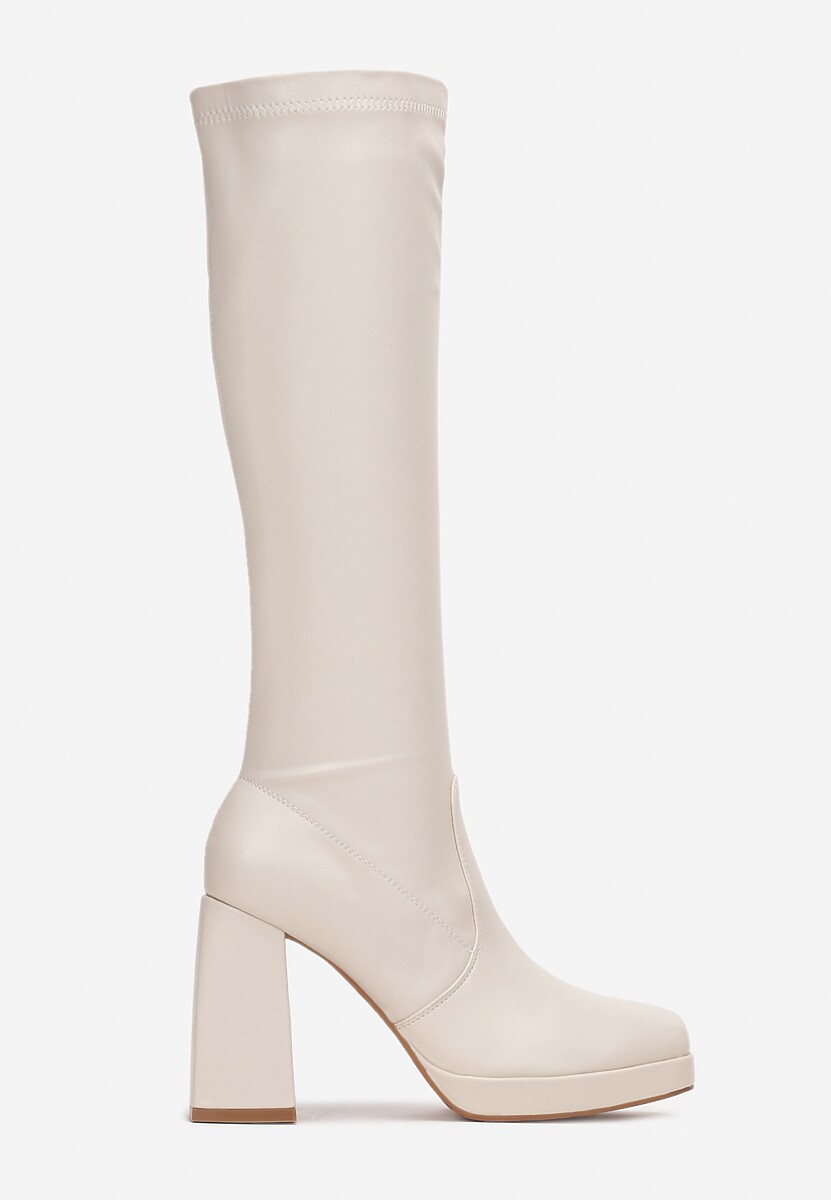 Beżowe Dopasowane Kozaki na Słupku z Platformą Abronie 3