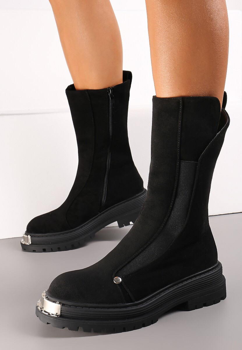 Czarne Botki z Protektorem na Grubej Podeszwie z Metaliczną Ozdobą i Suwakiem Nerikalyn 2