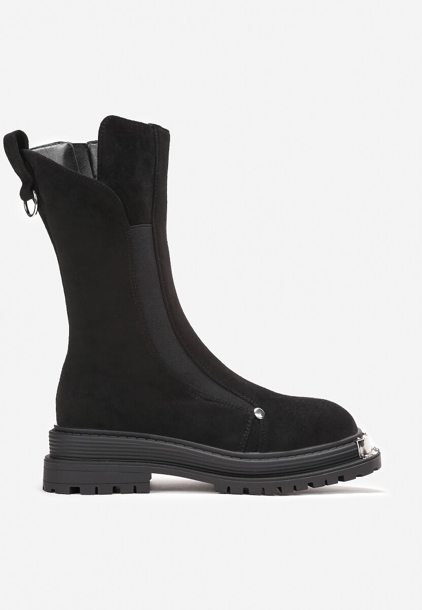 Czarne Botki z Protektorem na Grubej Podeszwie z Metaliczną Ozdobą i Suwakiem Nerikalyn 3