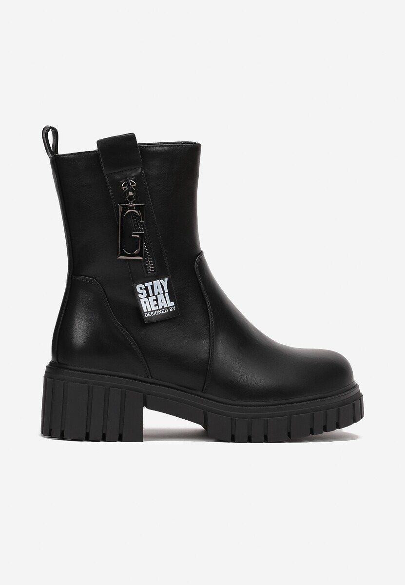Botine Negre Plate cu Talpă Groasă cu Inscripție Decorativă și Fermoar Sabeeha 3