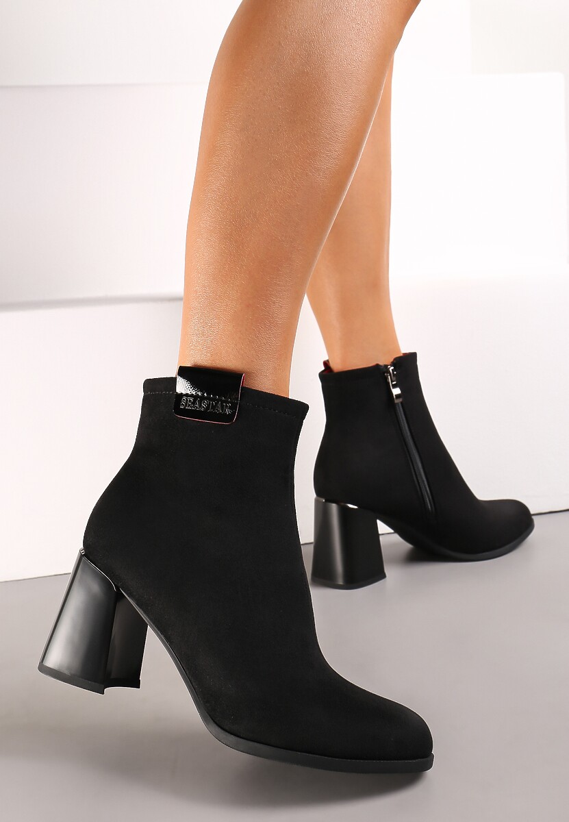 Botine Negre din Imitatie de Camosu pe Toc Bloc Trapzez cu Aplicatie Decorativa la Gamba Stefanima 1