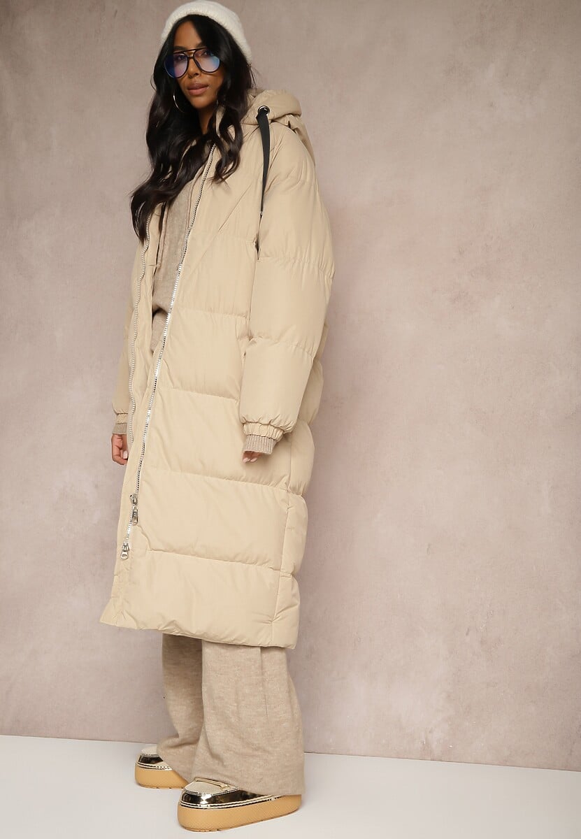 Beżowa Długa Kurtka Pikowana z Kapturem Serea 1