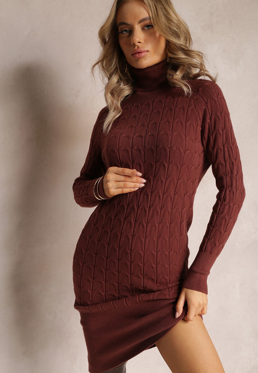 Rochie midi maro din tricot tip pulover cu guler la baza gâtului și șnururi Antonime 1