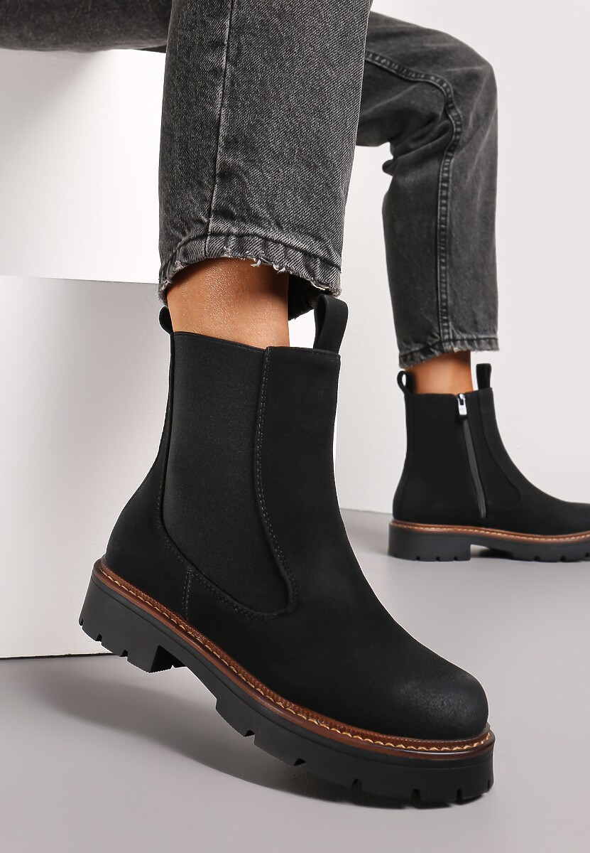 Botine Negre din Imitație de Catifea pe Talpă Groasă Sarel 1