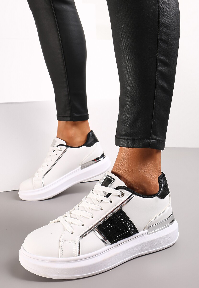 Sneakerși Alb-Negru cu Șireturi pe Talpă Groasă Plată cu Inserții Metalice și Zirconiu Shiorina 2