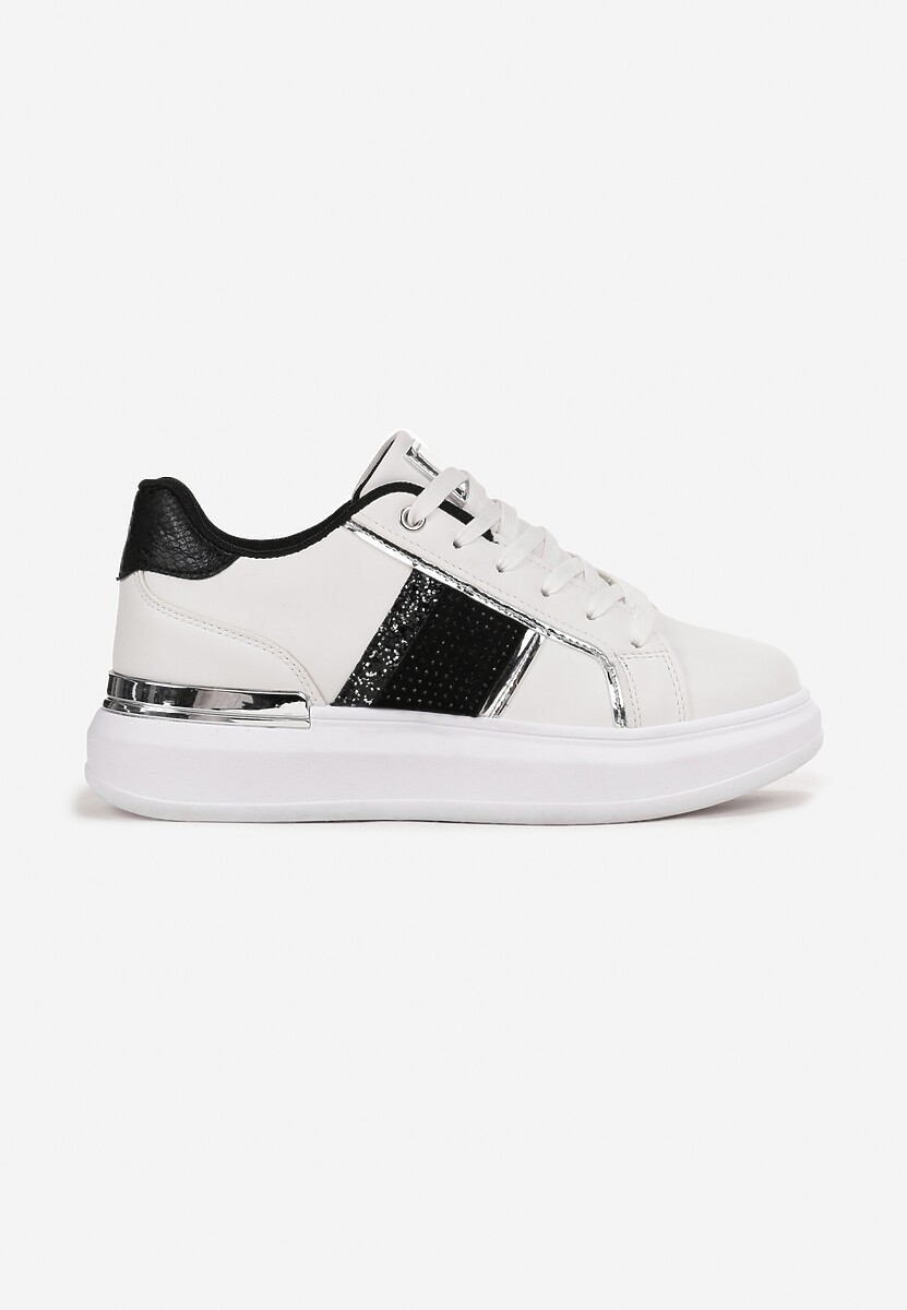 Sneakerși Alb-Negru cu Șireturi pe Talpă Groasă Plată cu Inserții Metalice și Zirconiu Shiorina 3