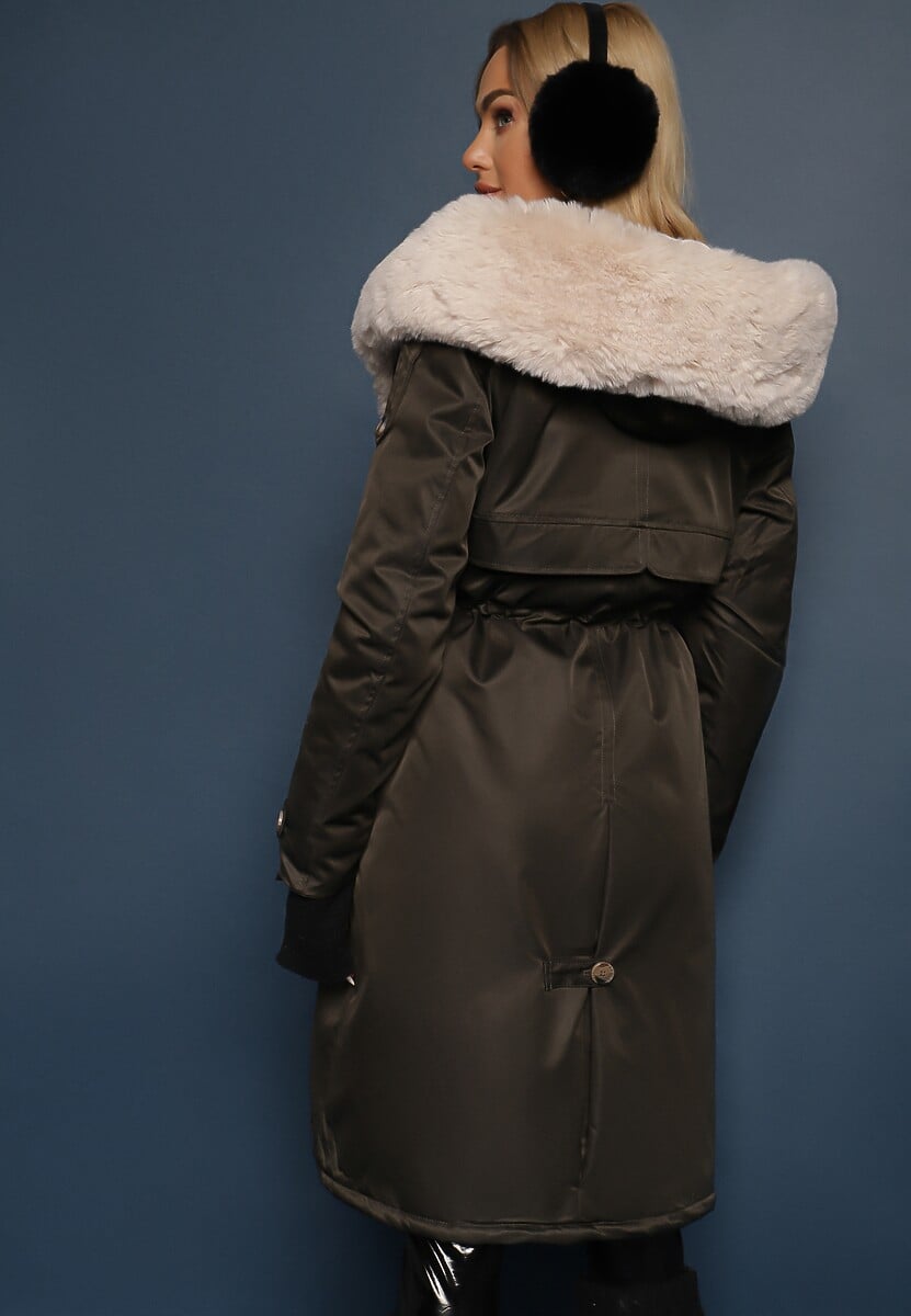 Verde Închis Lungă Jachetă Parka Nylon Palton cu Blană Inserții Rinale 3