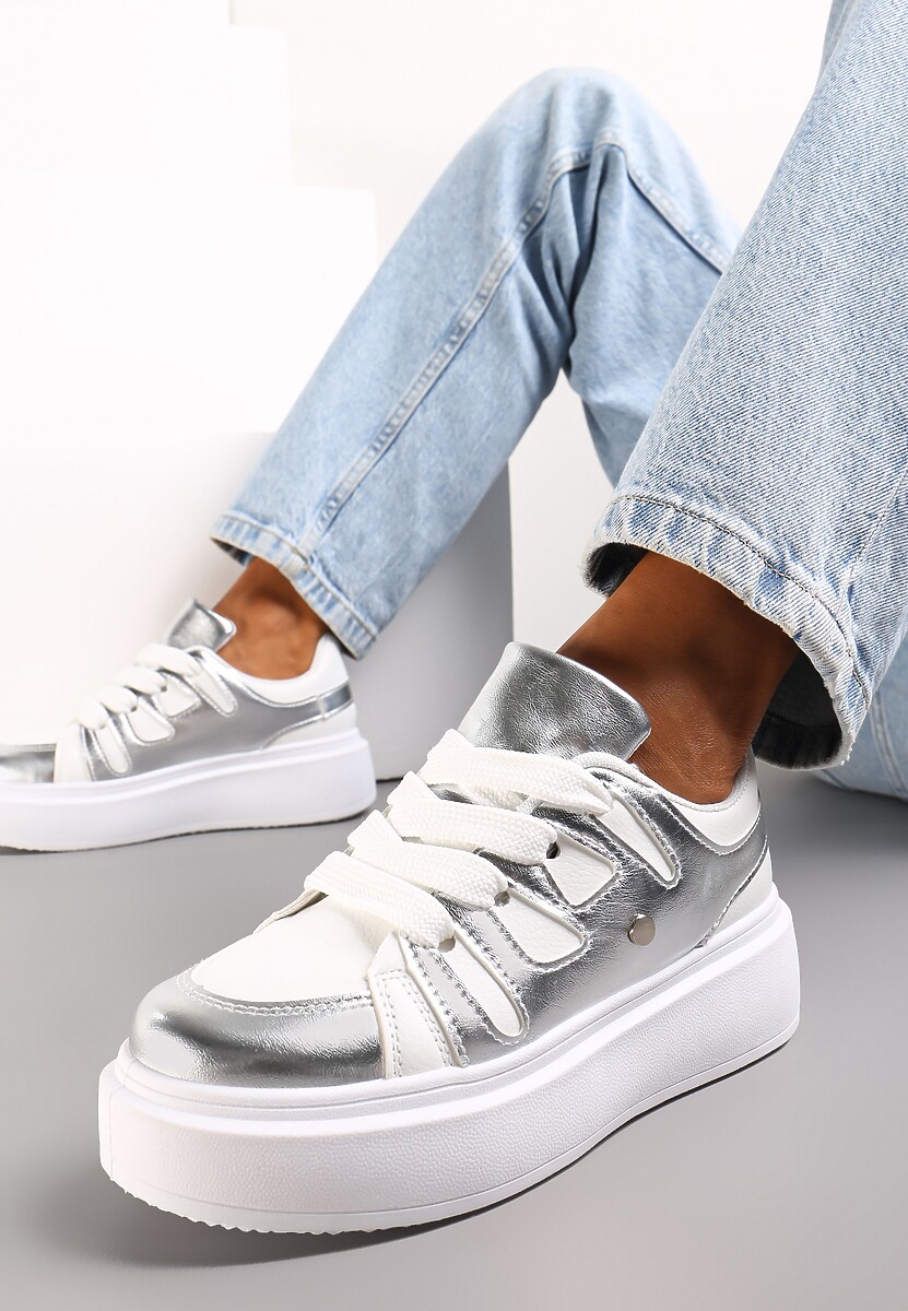 Biało-Srebrne Sneakersy na Platformie z Szerokim Sznurowaniem Aklilu 1