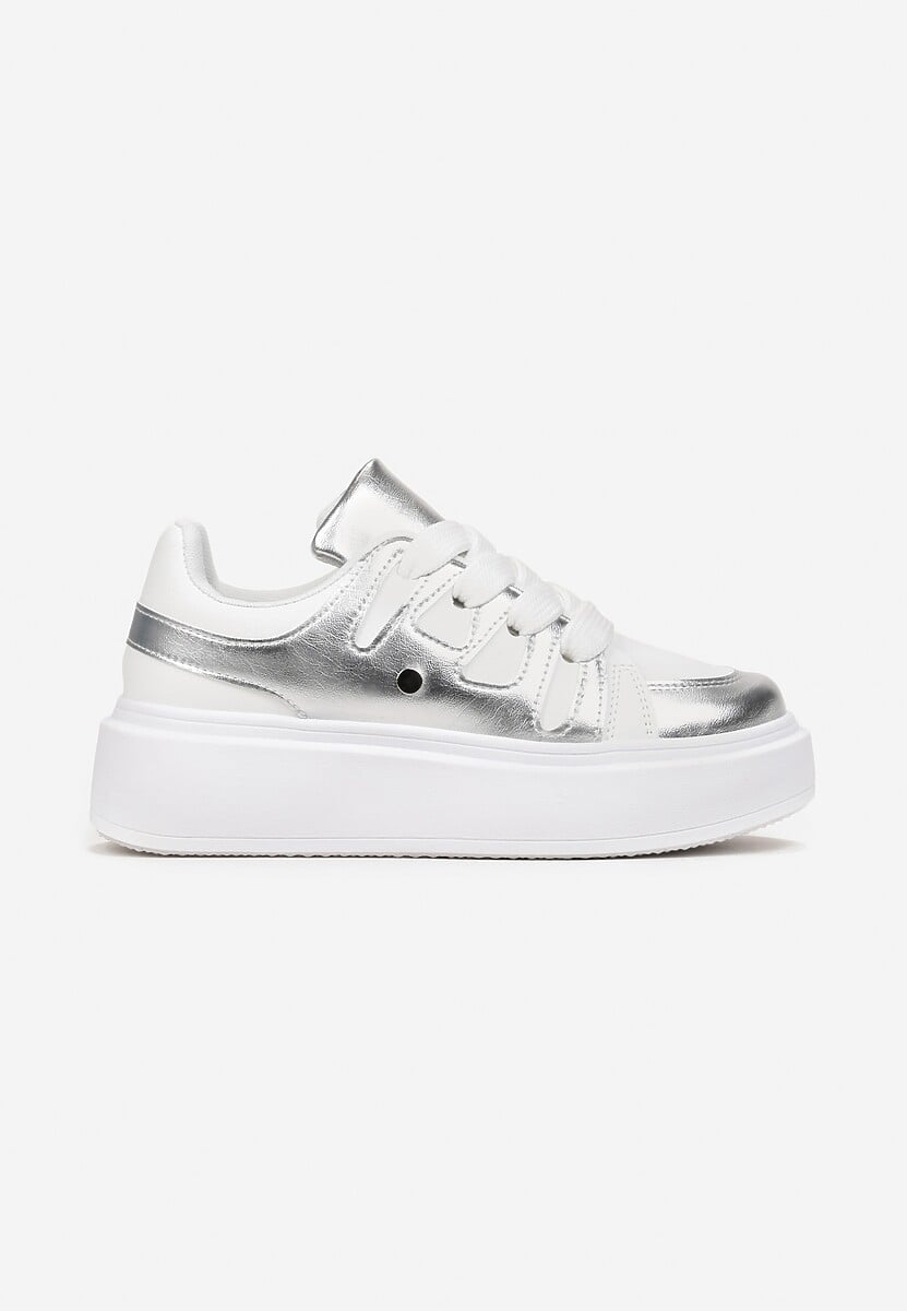 Biało-Srebrne Sneakersy na Platformie z Szerokim Sznurowaniem Aklilu 3