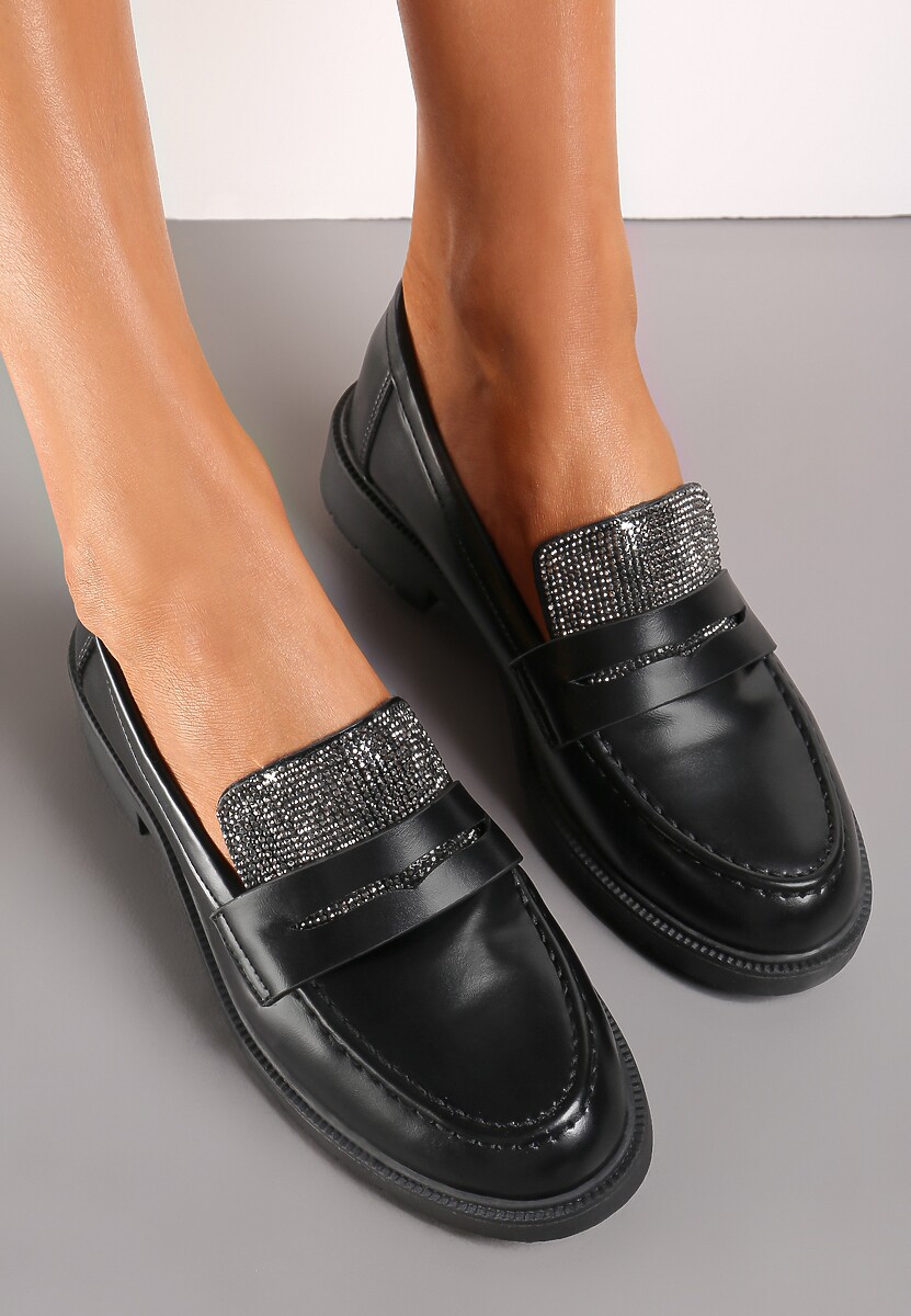Mocasini Negri Slip-On cu Toc Jos și Pietre Semretta 2