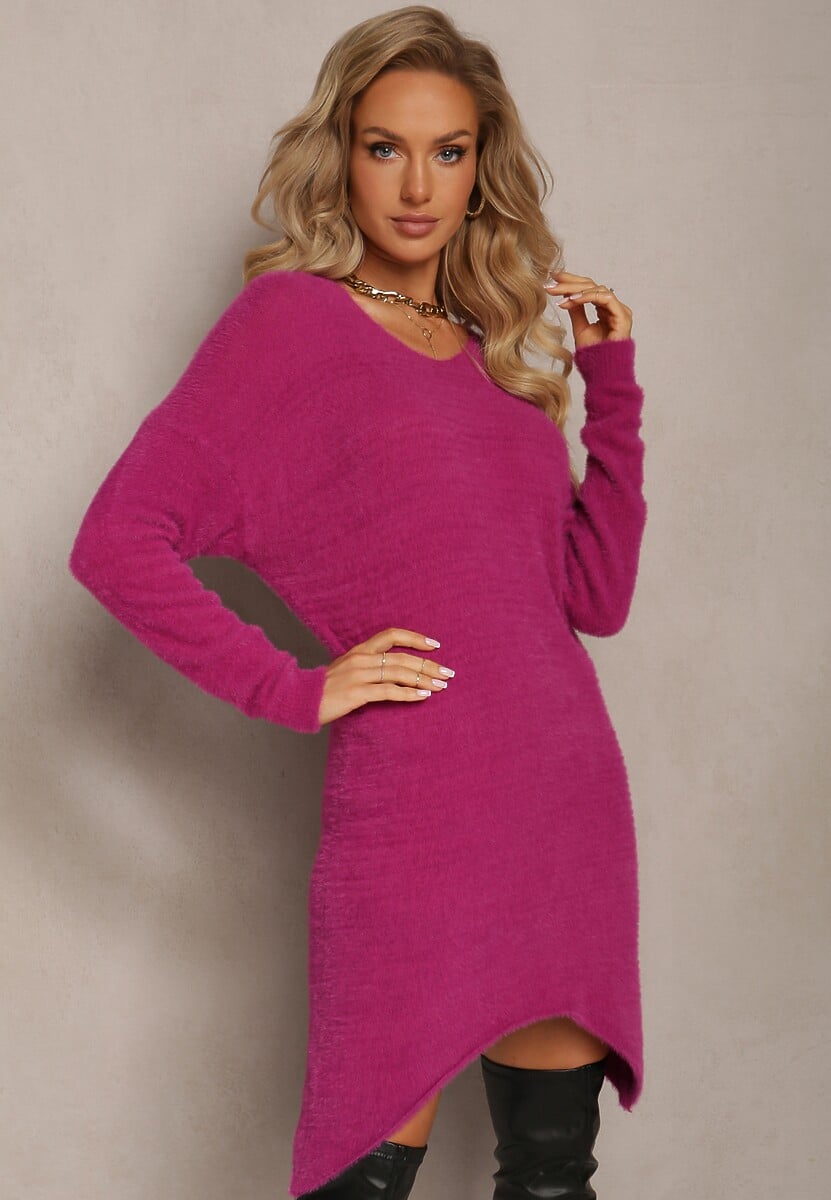 Ciemnofioletowy Sweter Tunika z Asymetrycznym Dołem i Długim Rękawem Arlin 1