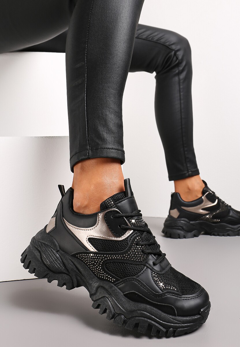 Sneakers Negri cu Talpă Groasă și Pietre Strass Wintale 1