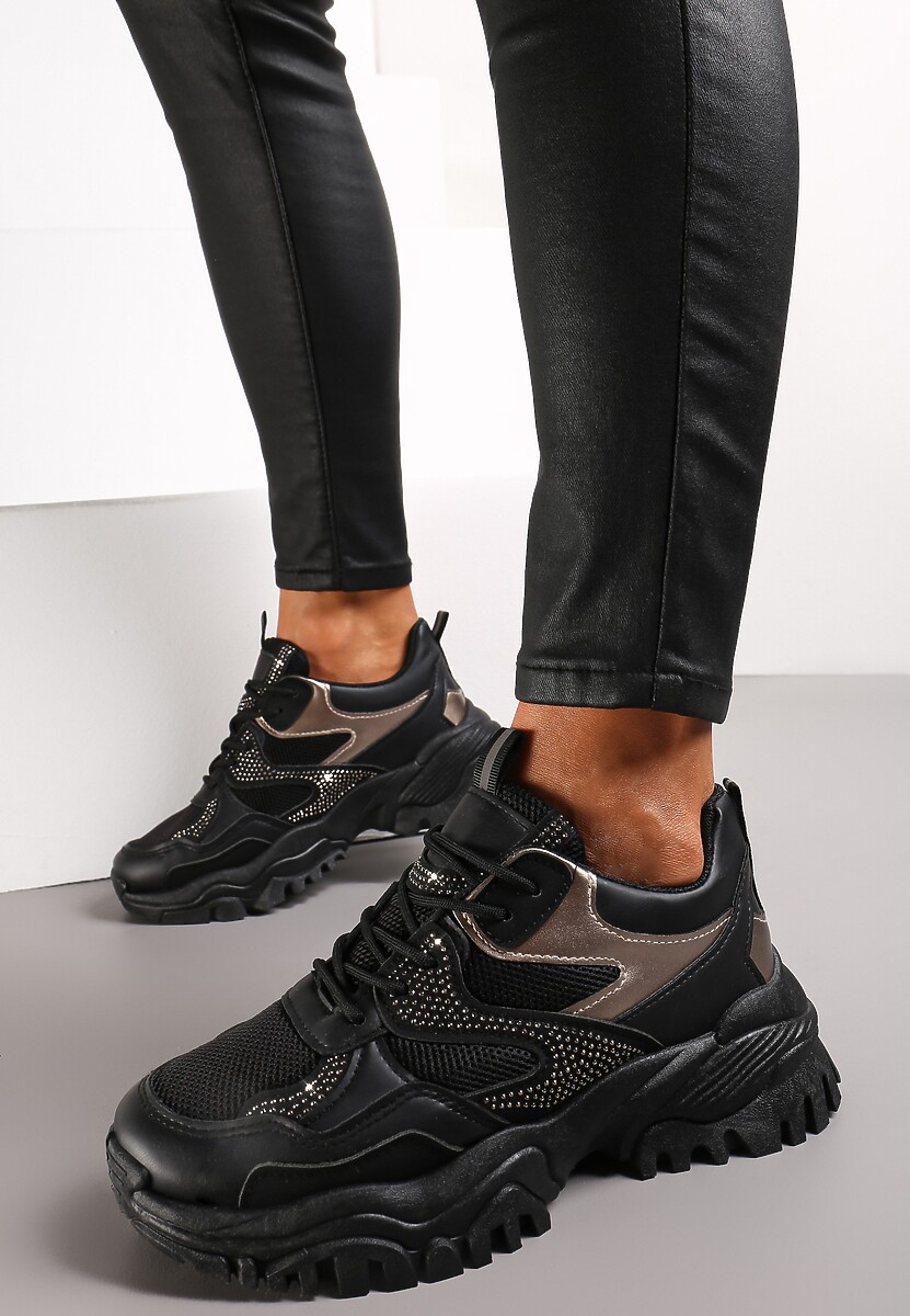 Sneakers Negri cu Talpă Groasă și Pietre Strass Wintale 2