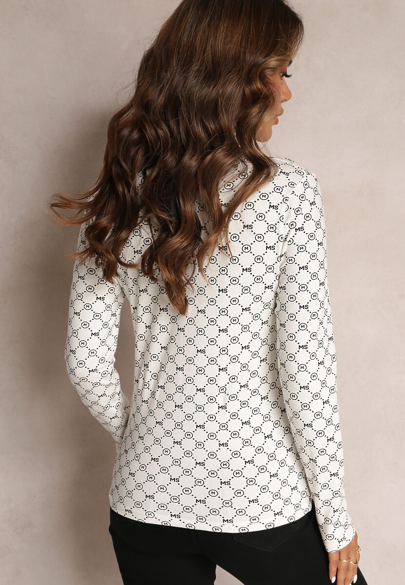 Biała Bluzka Bawełniana Longsleeve w Geometryczny Wzór z Półgolfem Isilvara 3