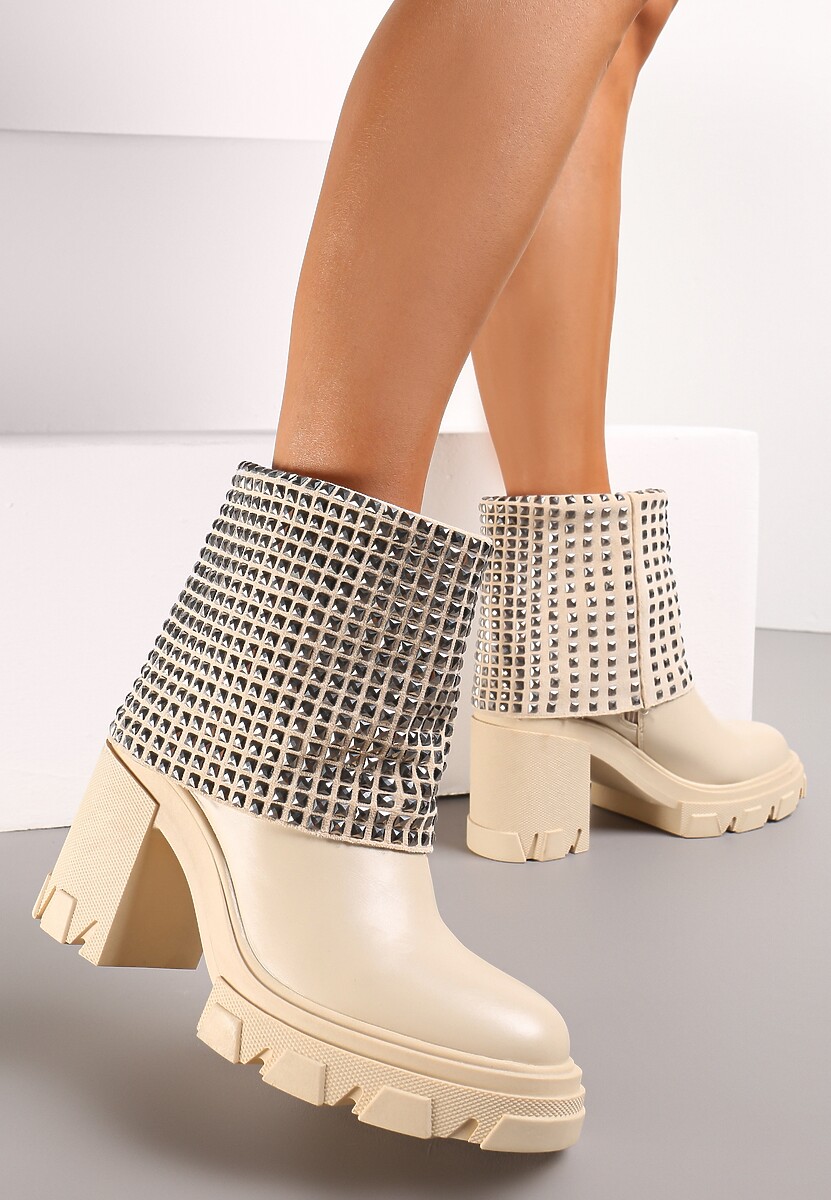 Beżowe Botki z Wywiniętą Cholewką Ozdobioną Cyrkoniami na Platformie i Słupku Felirok 1