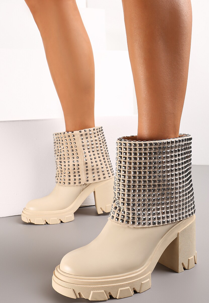 Beżowe Botki z Wywiniętą Cholewką Ozdobioną Cyrkoniami na Platformie i Słupku Felirok 2
