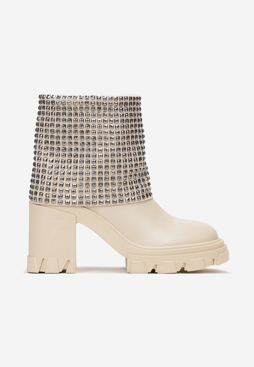 Beżowe Botki z Wywiniętą Cholewką Ozdobioną Cyrkoniami na Platformie i Słupku Felirok 3