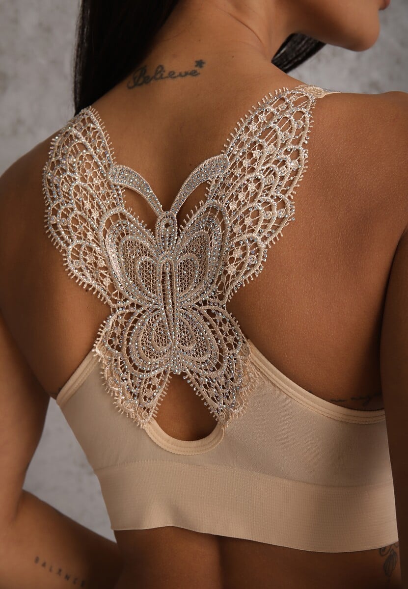 Beżowy Biustonosz na Szerokich Ramiączkach z Koronką w Cyrkonie Caduria 3