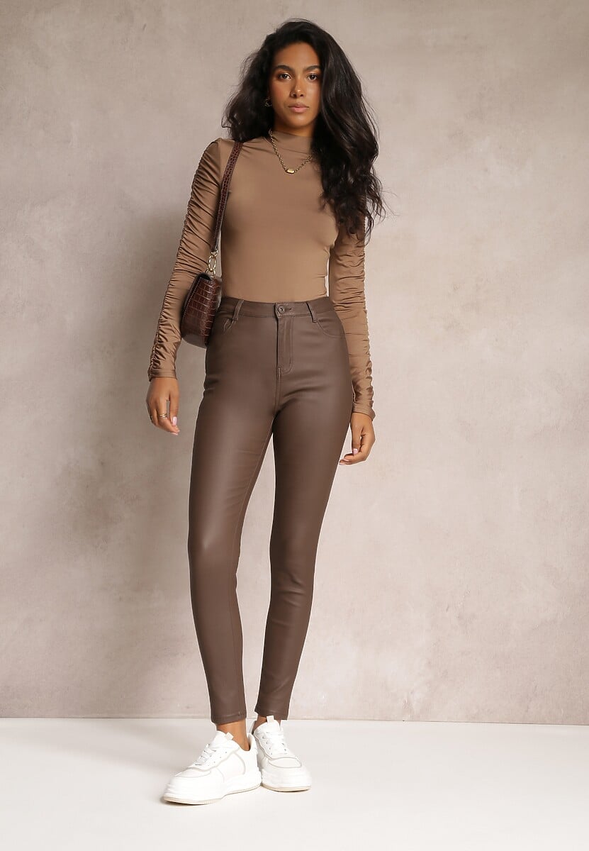 Brązowe Casualowe Spodnie Skinny o Modelującym Fasonie Elovi 1
