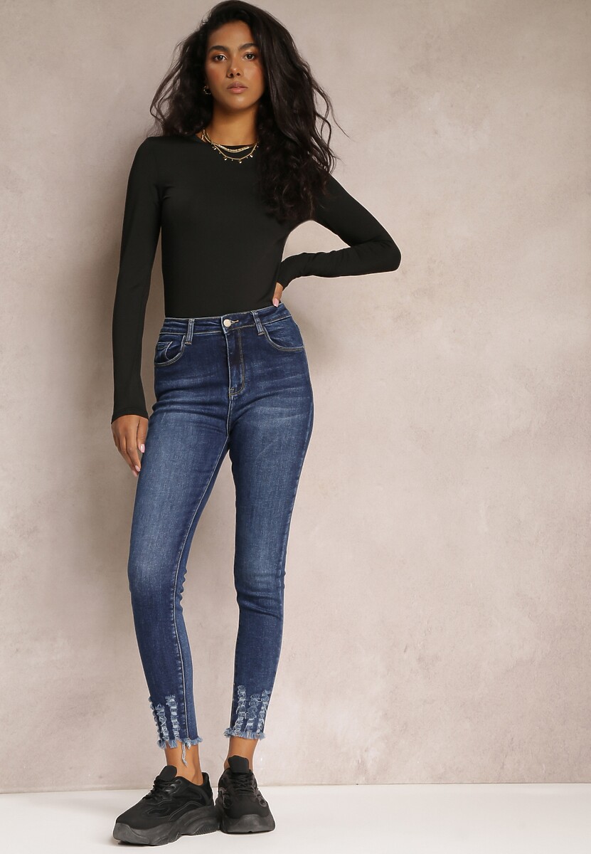 Granatowe Jeansy Skinny High Waist z Przetarciami Bavista 2