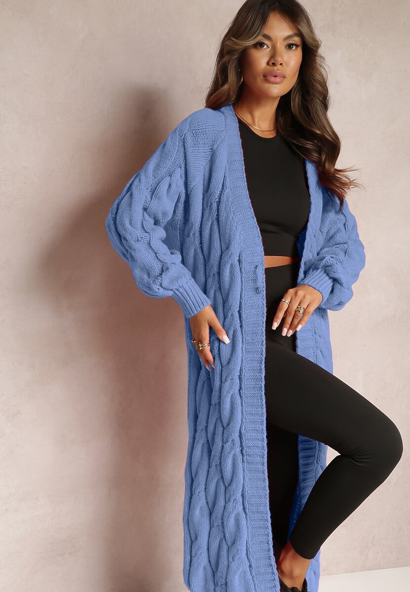 Bleumarin Cardigan Lung Fără Închidere Împletitură Decorativă Romillda 1