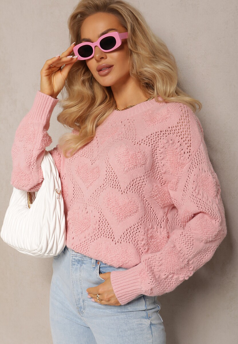 Pulover Roz Clasic cu Impletitura Inimioare si Mansete Elastice Miadove 2
