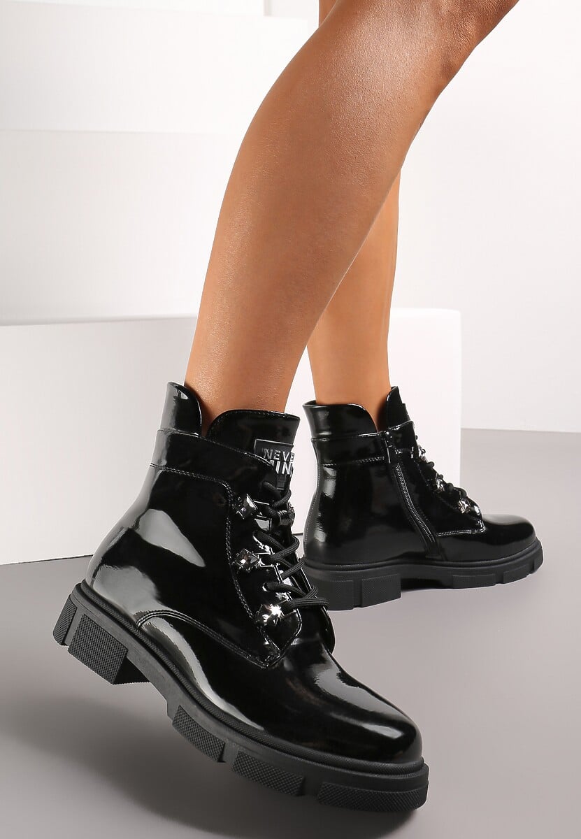 Czarne Płaskie Botki z Suwakiem i Sznurowaniem Ozdobione Cyrkoniami Veniwe 1