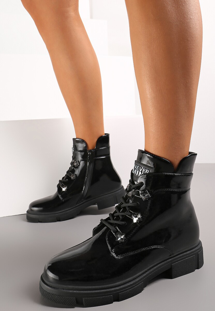 Czarne Płaskie Botki z Suwakiem i Sznurowaniem Ozdobione Cyrkoniami Veniwe 2