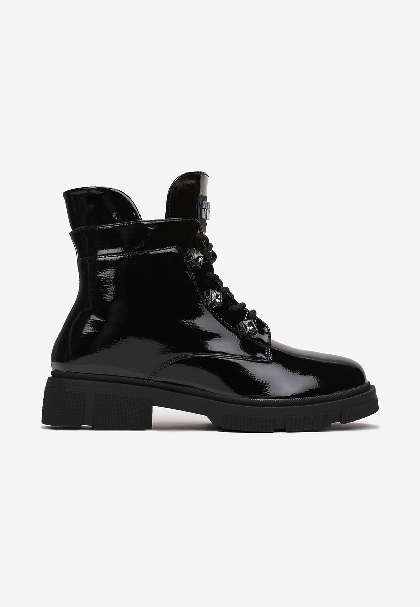 Czarne Płaskie Botki z Suwakiem i Sznurowaniem Ozdobione Cyrkoniami Veniwe 3