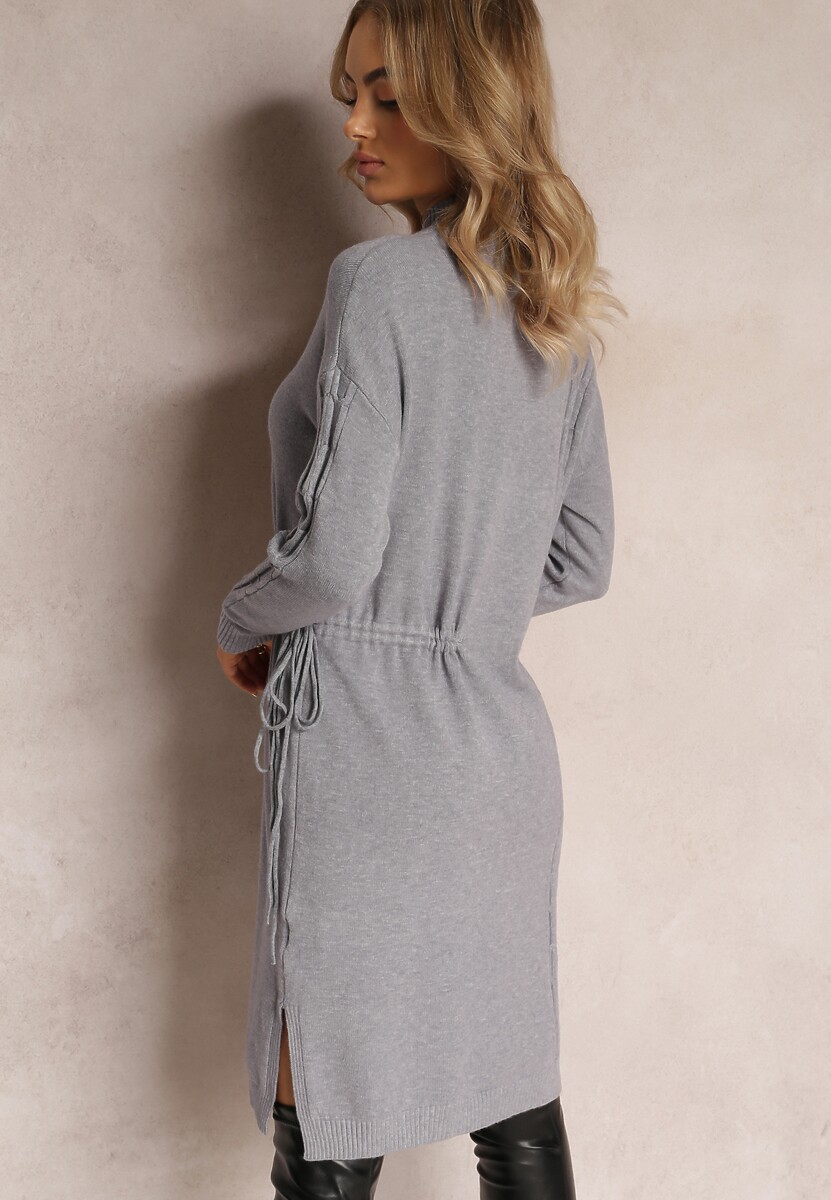 Rochie gri mini tip cutie cu șnur în talie și guler semigolf Agaira 3