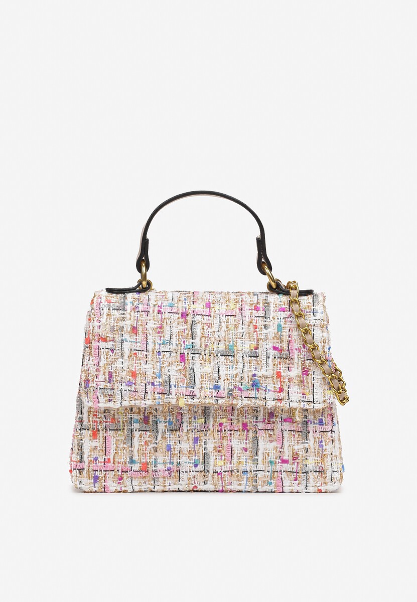Geantă trapezoidală bej din tweed cu curea decorativă și fir strălucitor Duria 1