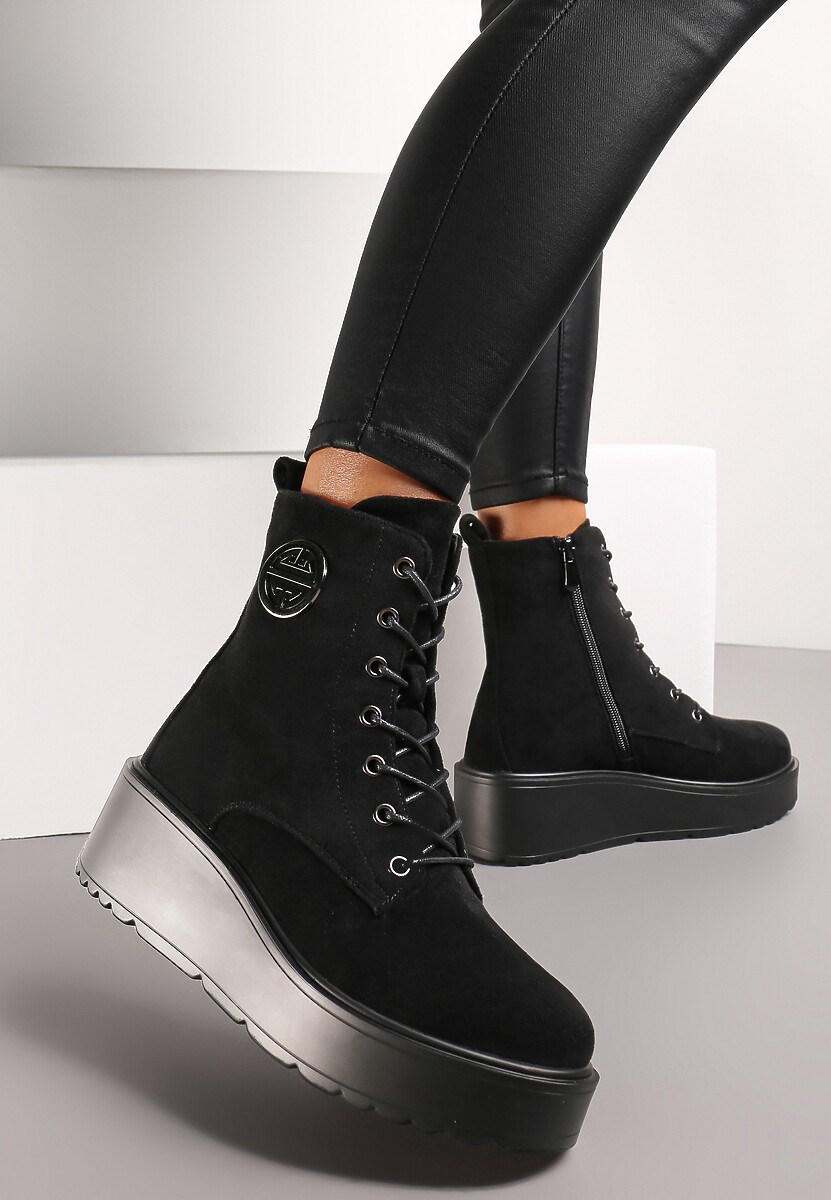Botine Negre din Imitatie de Camosa pe Platforma Inalta Bicasa 1