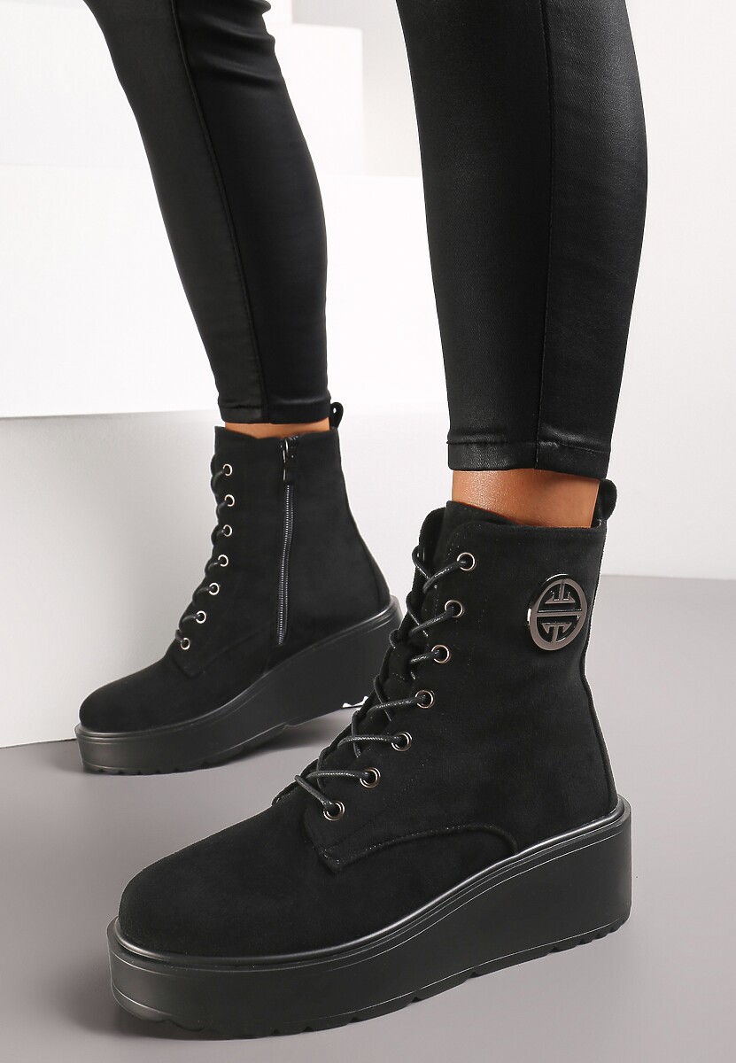 Botine Negre din Imitatie de Camosa pe Platforma Inalta Bicasa 2