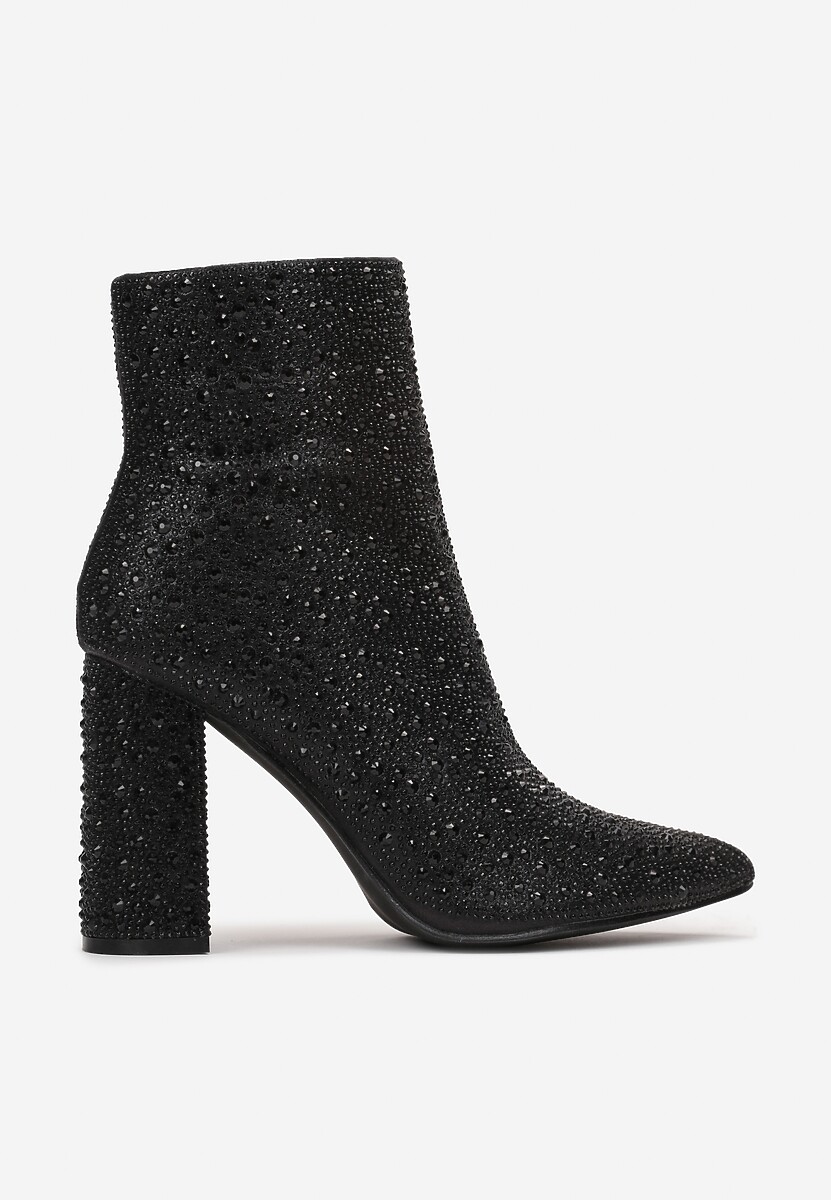 Botine Negre cu Fermoar cu Toc Până la Gleznă Decorate cu Pietre Strass Basiva 3