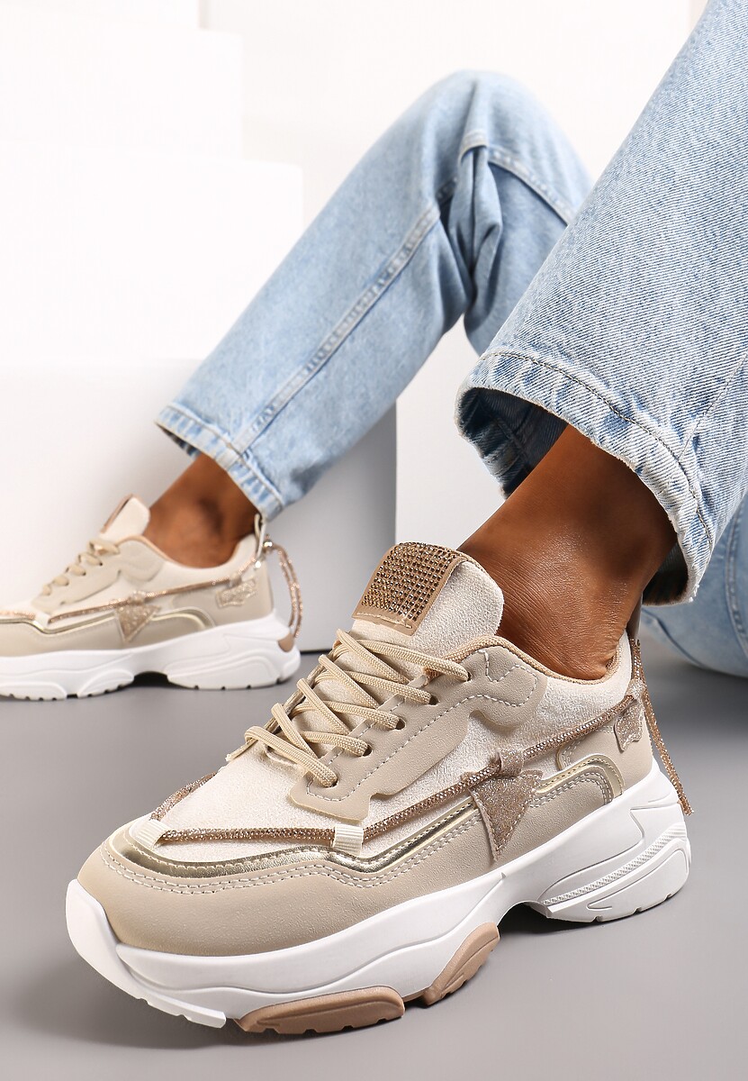 Sneakers bej cu zirconiu pe talpă groasă Leinov 1