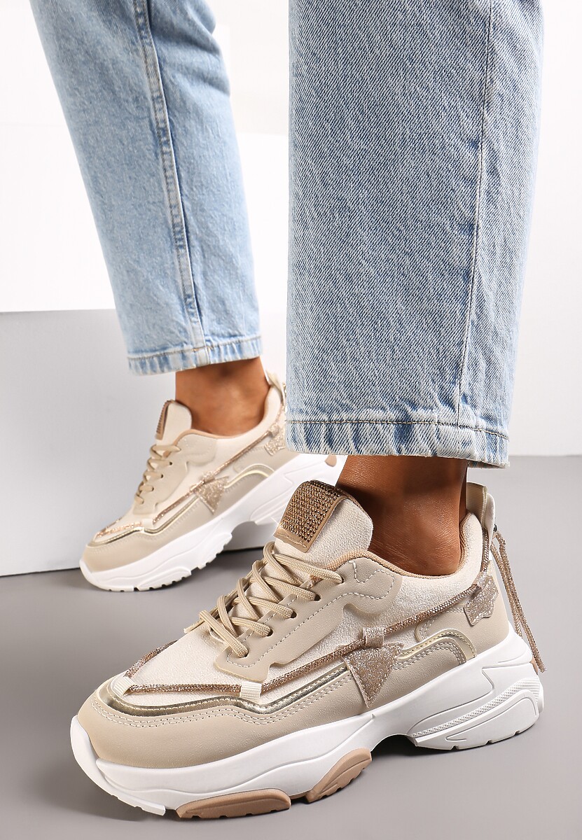 Sneakers bej cu zirconiu pe talpă groasă Leinov 2