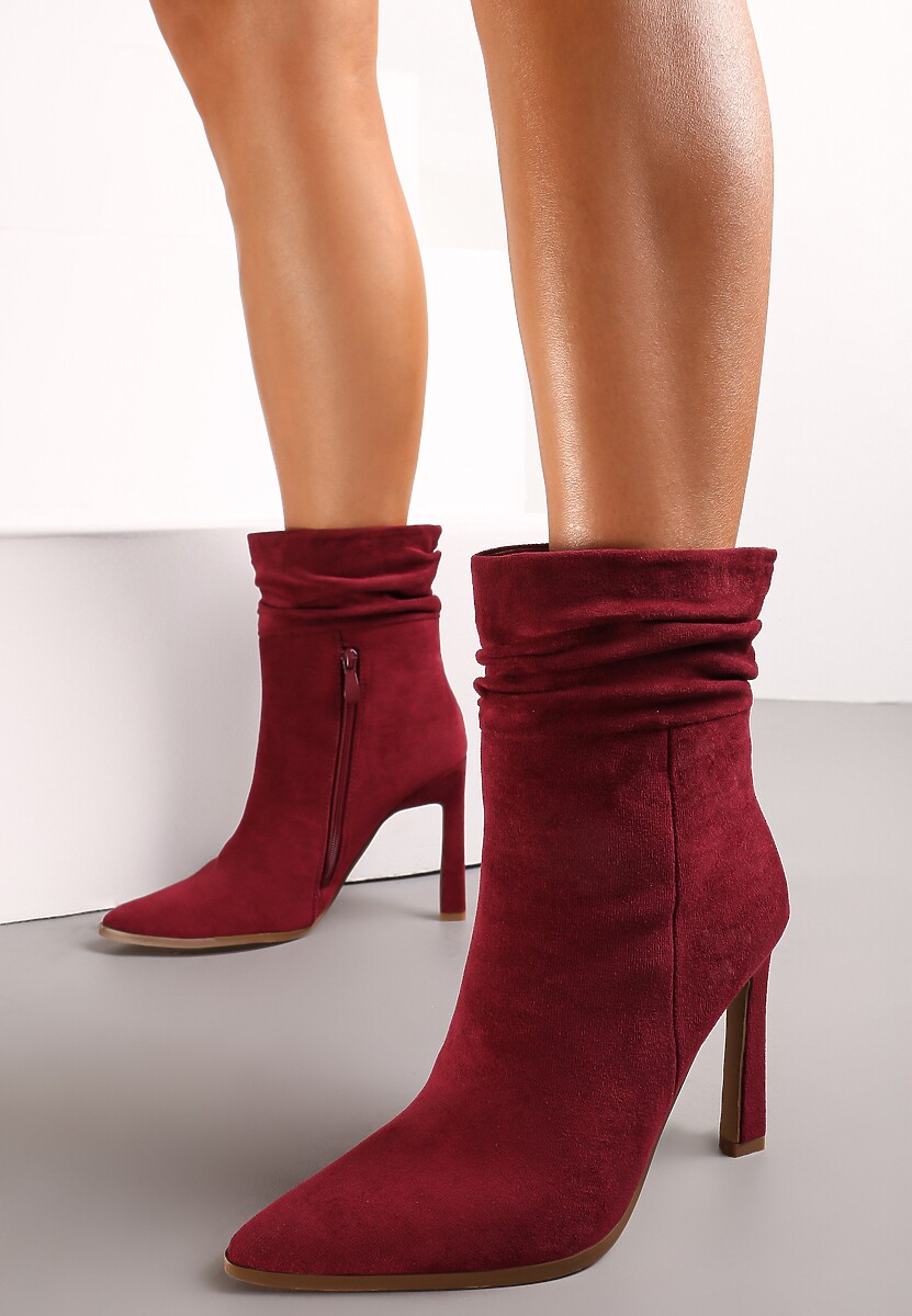 Bordowe Botki do Połowy Łydki na Cienkiej Szpilce z Marszczoną Cholewką Lianere 2
