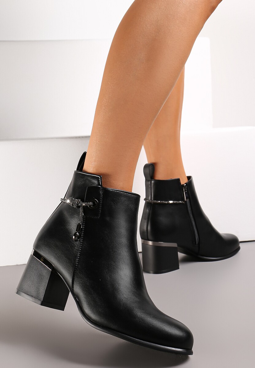 Botine Negre cu Curea cu Zirconiu pe Toc Scurt Esbika 2