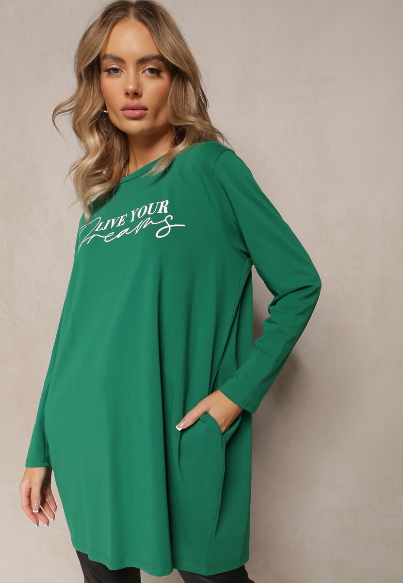 Zielona Bawełniana Bluzka Tunika z Nadrukowanym Napisem Lashaunta