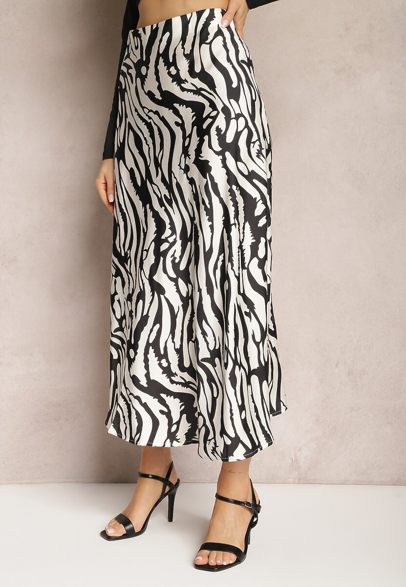 Fustă Neagră de satin decorată cu model abstract în dungi de zebră