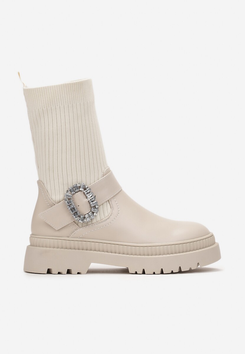 Bej Botine Ghete cu Carâmb Elastic din Tricot și Cataramă Bijuterie Nalipno 3