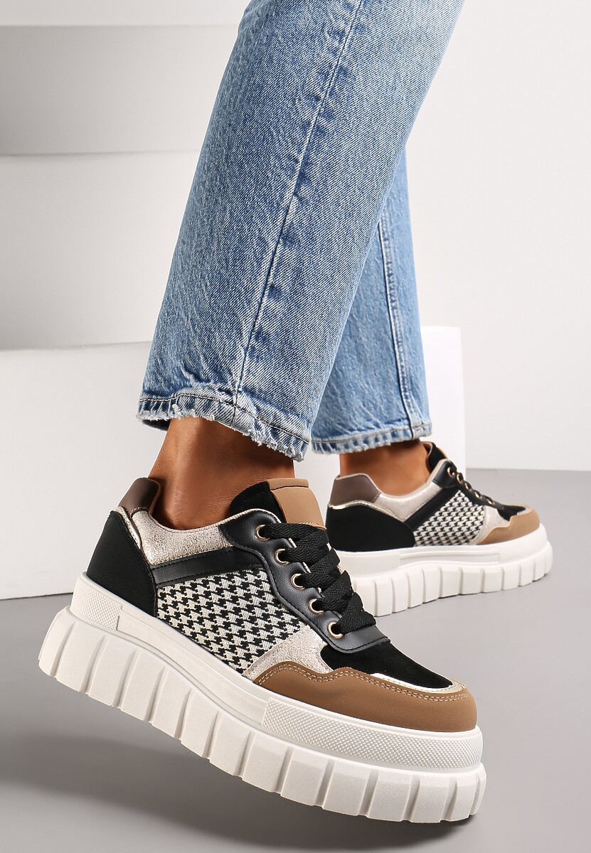 Czarno-Brązowe Sneakersy na Platformie z Wycięciami Angeliki 1